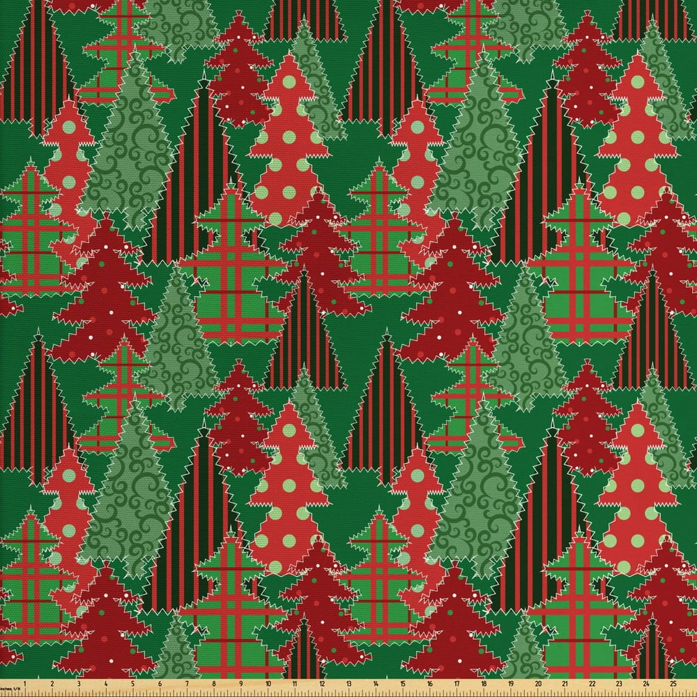 Christmas Fabric by The Yard, Abstract Pines with Swirls Dots Lines