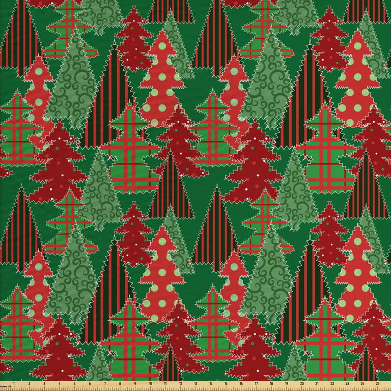 Christmas Fabric by the Yard, Abstract Pines with Swirls Dots Lines Design  Patchwork Style Print, Decorative Upholstery Fabric for Sofas and Home
