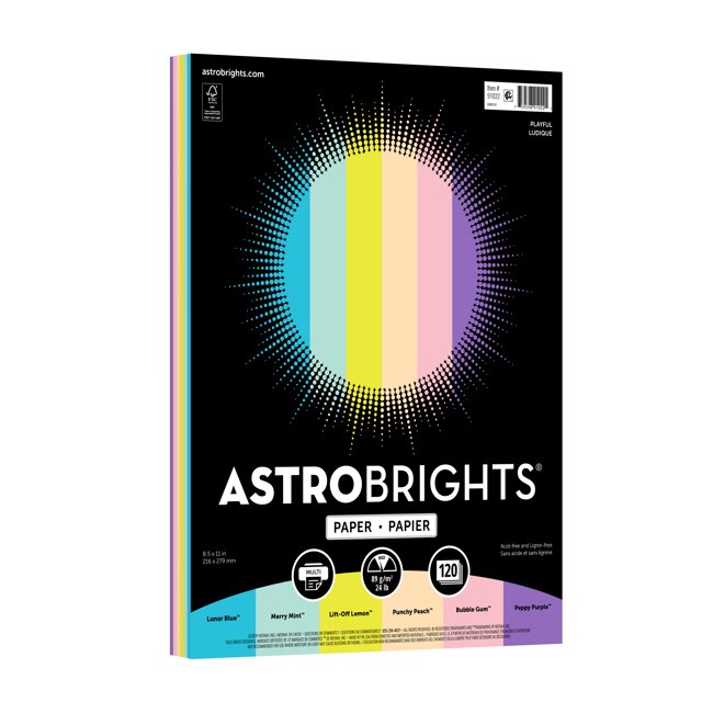 Neenah Astrobrights Colored Paper, 8.5" x 11", 24 lb./89 gsm, Playful 6-Color Assortment, 120 Sheets per package