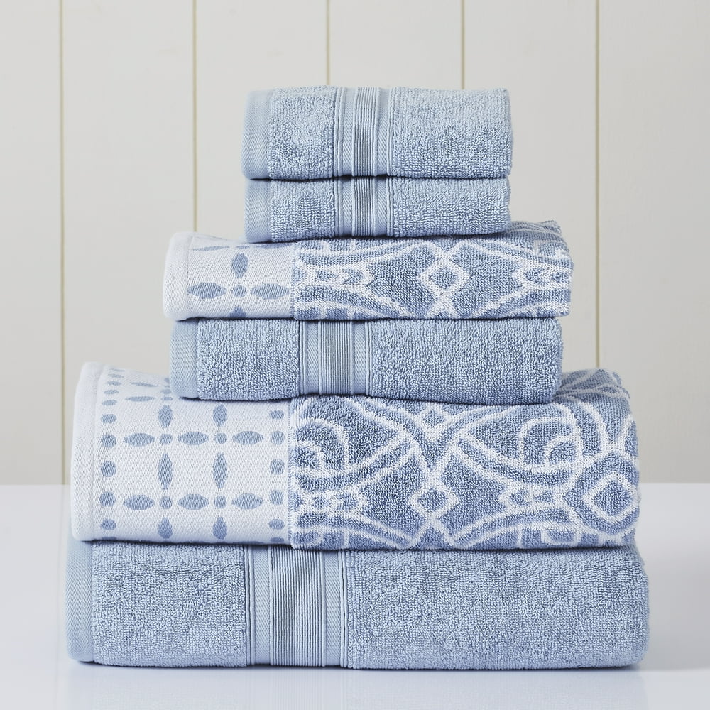 Modern Threads 6 Piece Geometric Cotton Bath Towels, 27" x 54", Blue