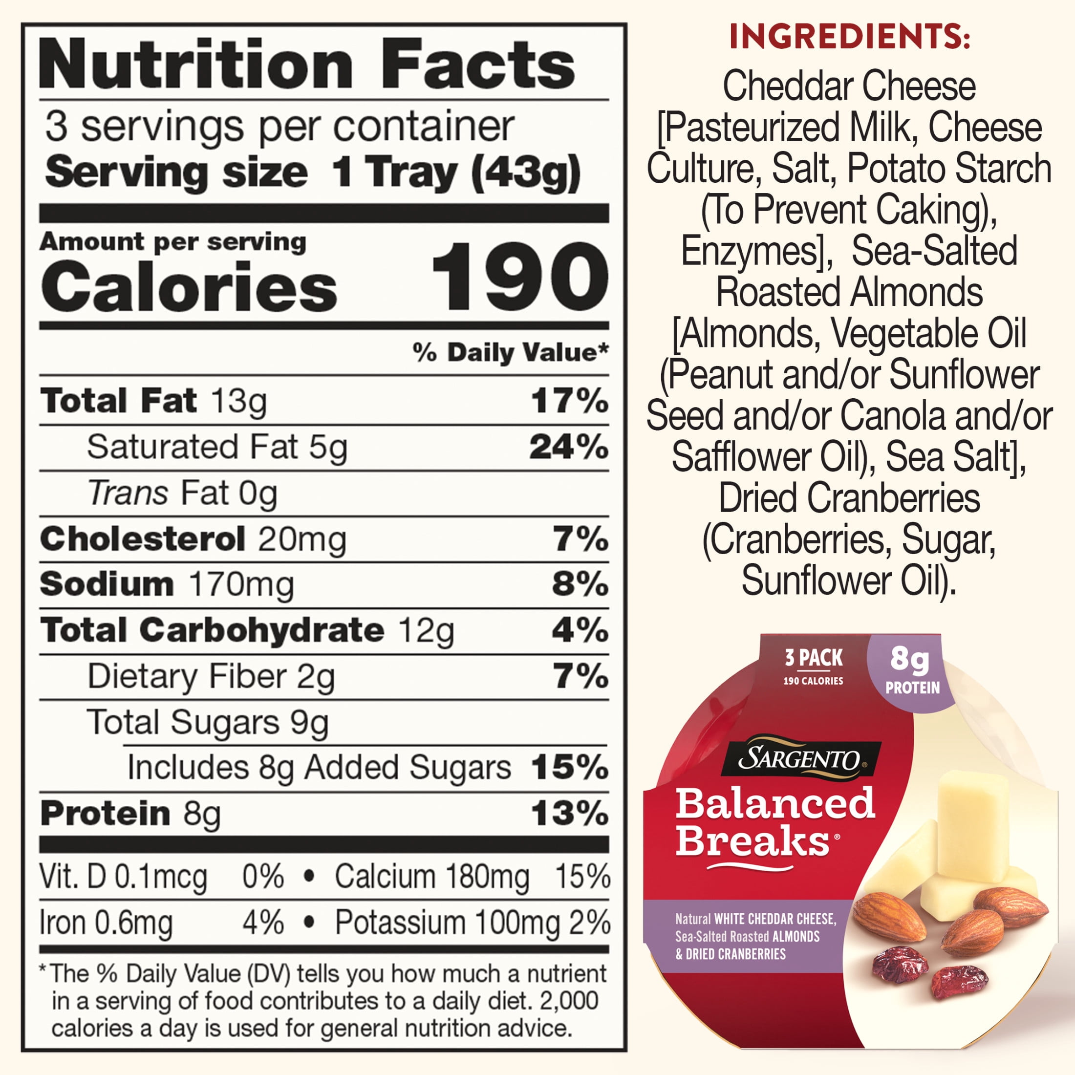 Sargento® Balanced Breaks® White Cheddar Cheese, Almonds & Dried Cranberries Snack Kits