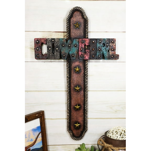 18" H Rustic Western Stars Cowgirl Word Art Braided Ropes Wall Cross Decor
