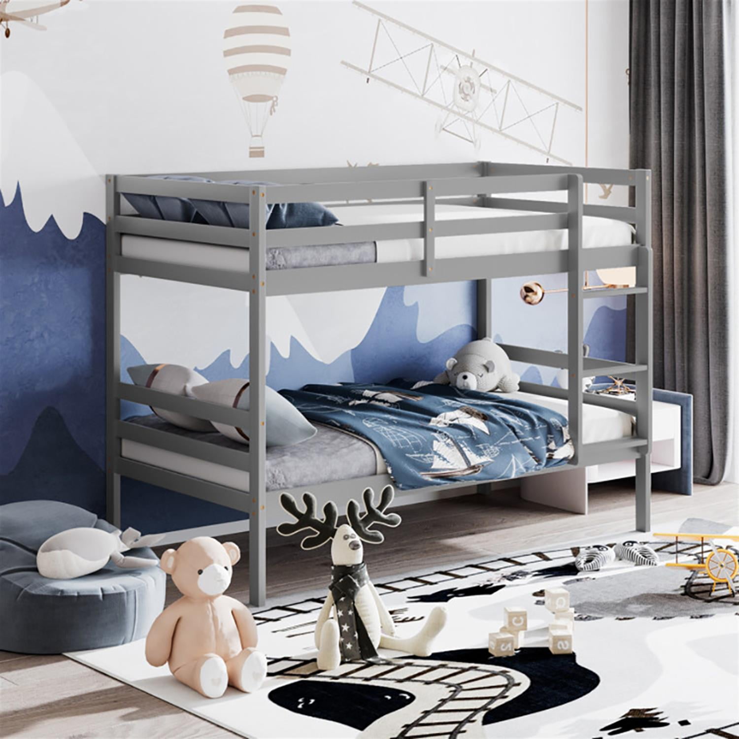 Demi Bonn Twin Size Over Wood Bunk Bed with Ladder and Safety Rail, Twin Sturdy Bunk Beds, Gray