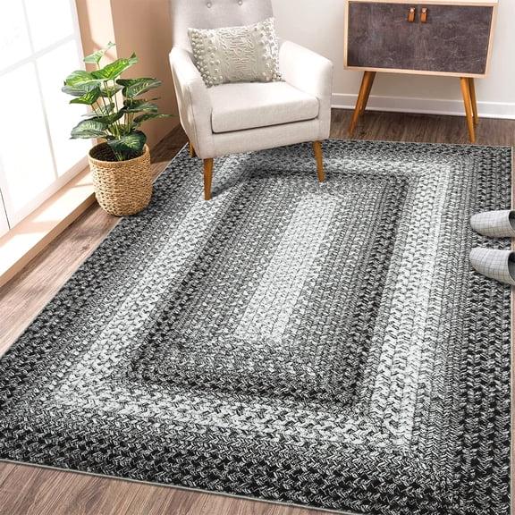 Boho Area Rug, Braided Print Door Mat Modern Geometric Rug Indoor Washable Rug Distressed Aesthetic Carpet for Living Room Bedroom Nursery Kitchen