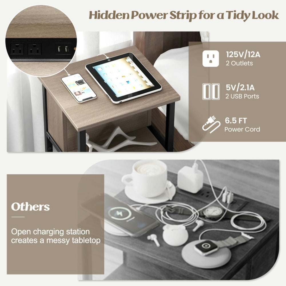 Finihen End Table, Nightstand, 3-Tier End Table with USB Ports & Power Outlets-1 Piece, Sofa Side Table, Bed Side Table, for Living Room, Bedroom, Gray & Black Finihen End Table, Nightstand, 3-Tier End Table with USB Ports & Power Outlets-1 Piece, Sofa Side Table, Bed Side Table, for Living Room, Bedroom, Gray & Black