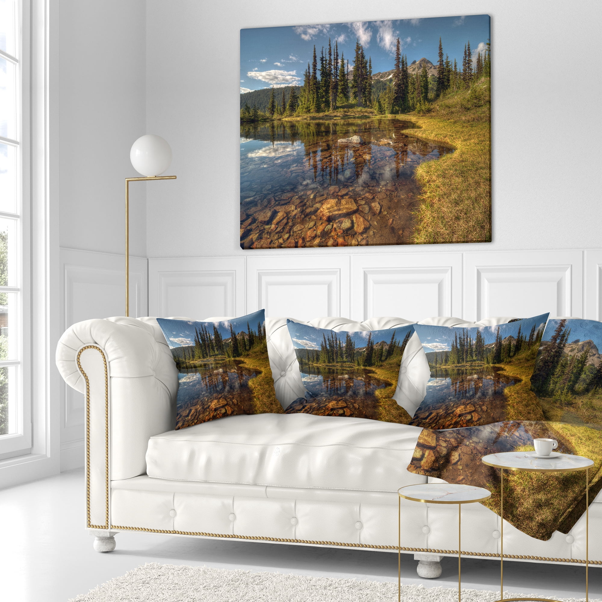 Designart Bright Clear Day and Clear Lake - Landscape Printed Throw Pillow - 16x16