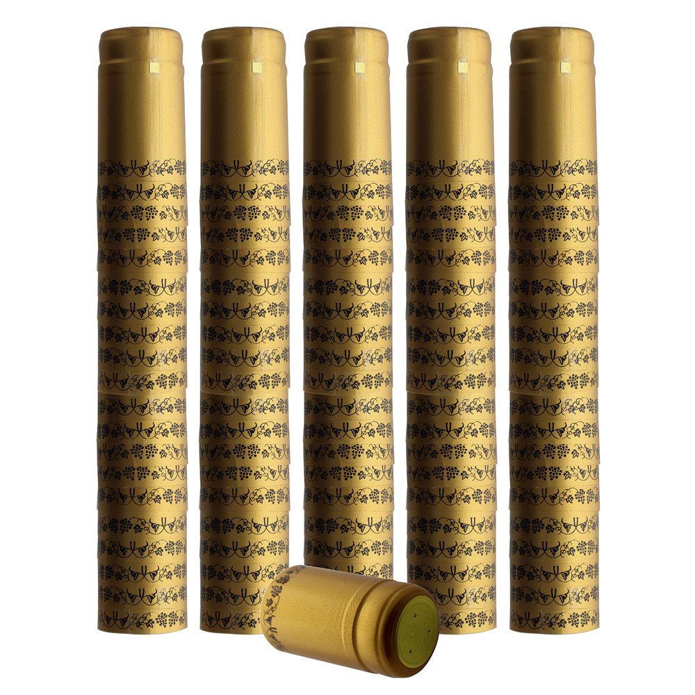 PVC Heat Shrink Capsules For Wine Bottles 100 Count (Gold With Black