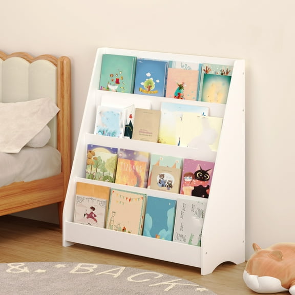 4 Tier Kids Bookshelf, Baby Toddler Wooden Book Shelf, Toy Storage Bookshelf, Stable Modern Book Case For Bedroom Living Room Nursery Playroom