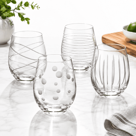 Stemless Wine Glasses, Set of 4, Etched Dots Swirls Strips Patterned, 17.5 oz, Hand Blown