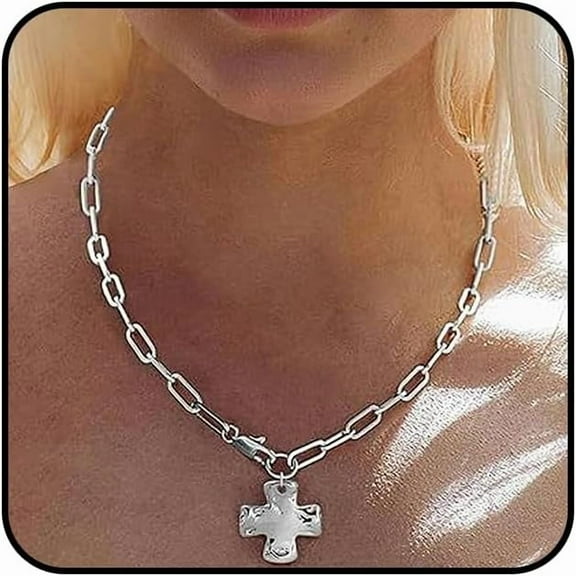 Gold Chunky Best Cross Statement Necklace for Women Men Dainty Contemporary Paper Clip Chain Crucifix Pendant Choker Simple Hammered Necklace Religious Jewelry[c767]