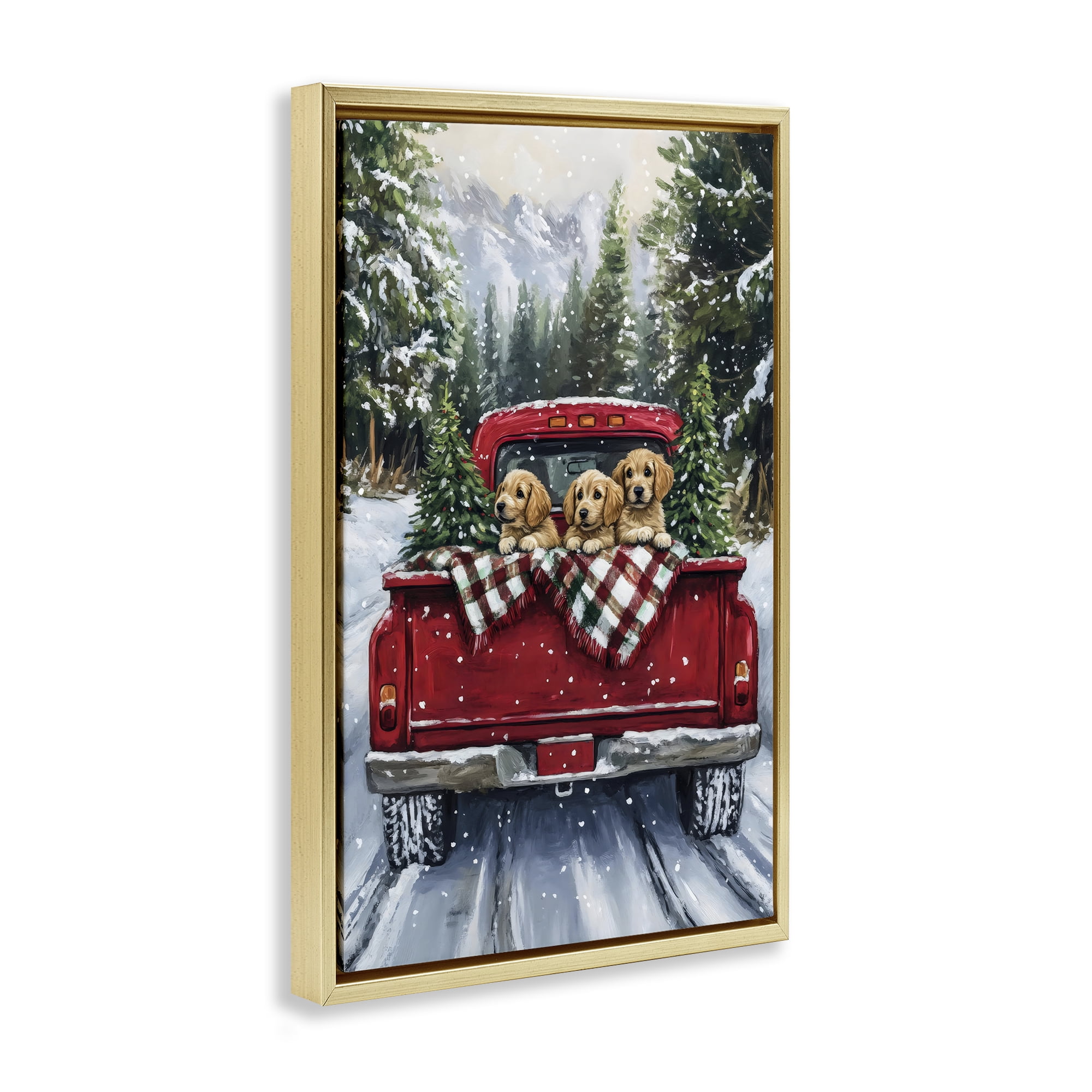 Golden Pups Christmas Truck Gold Framed Floater Canvas Wall Art, design by Petal Prints Design