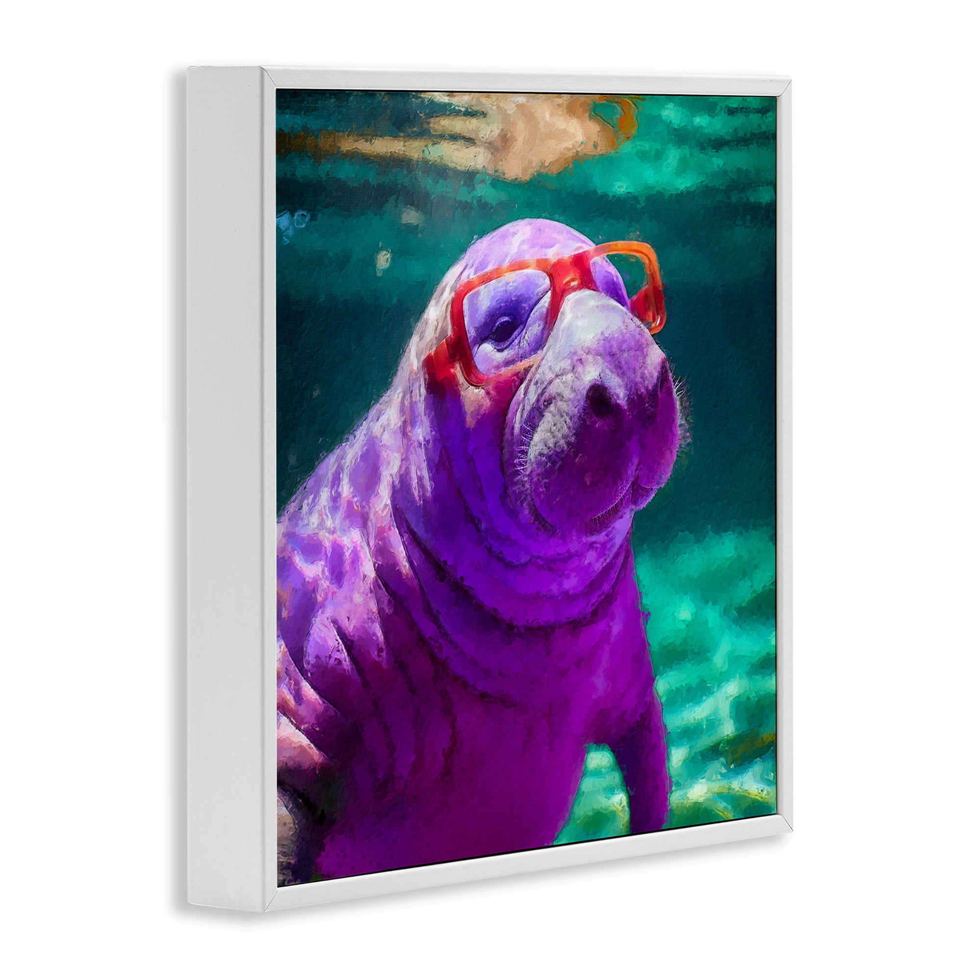 Stupell Industries Manatee with Glasses Animals & Insects Painting White Framed Art Print Wall Art, 24 x 24