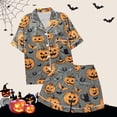 thumbnail image 5 of oqasdz Womens Halloween Pajamas Ghost Pumpkin Printed Silk Short Sleeve Button Down 2 Piece Loungewear Set Sleepwear, L, 5 of 7