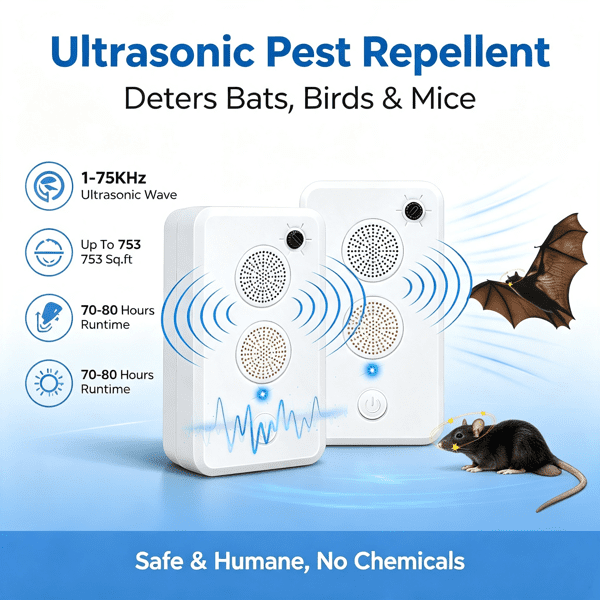 2Pcs Ultrasonic Electronic Unit, 1‑75KHz Rechargeable 950mAh Battery Powered Device with Dual Speakers, 6‑Level Settings for Home, Garage, Shed and Campsite
