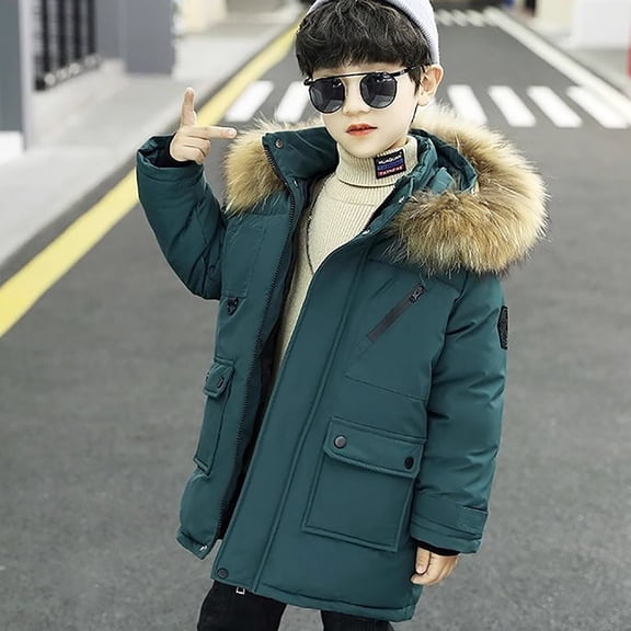 EnJoCho Boys Winter Long Puffer Parka Hooded Fa𝗎x F𝗎r Fleec𝖾 Lined Jacket Youth Windproof Warm Insulated Quilted Down Snow Coat Outerwear Coats