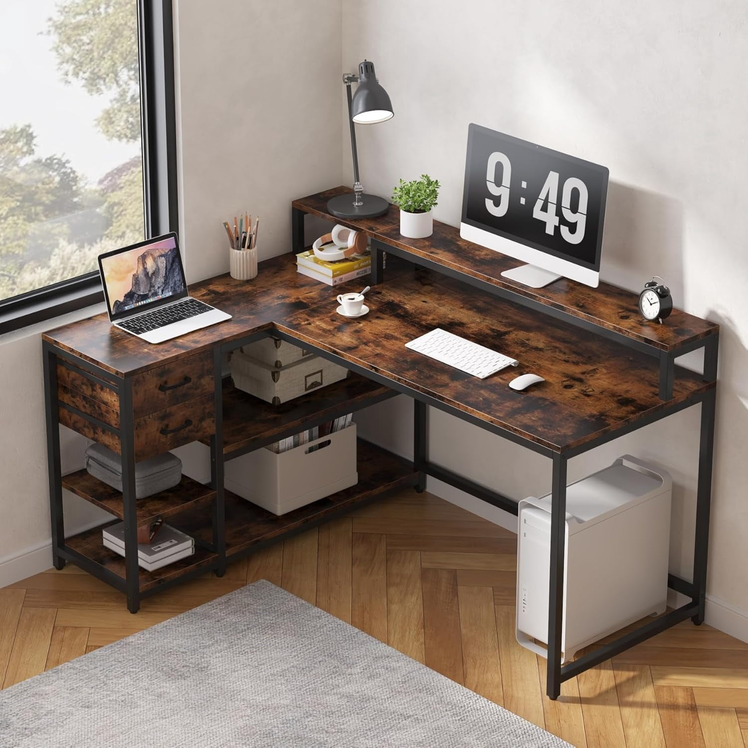 55" x 24" L Shaped Corner Desk With Drawers, Storage Shelves & Monitor Stand, Rustic Brown Home Office Gaming Study Computer Table For Small Space