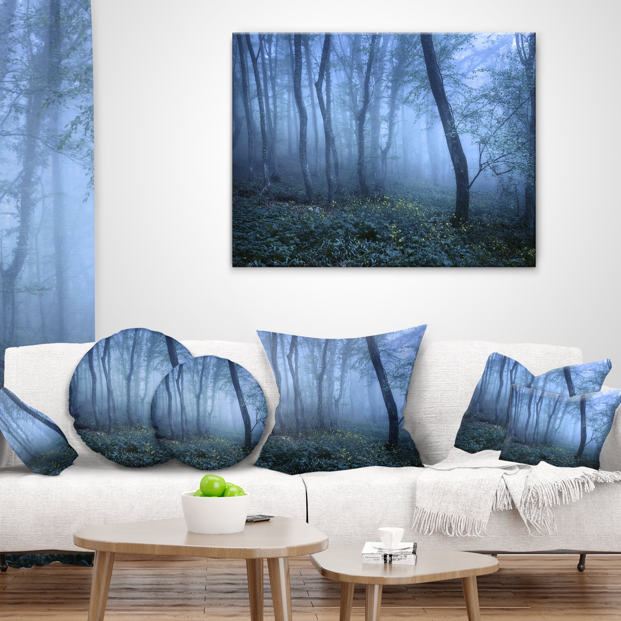 Designart Trail Through Blue Fall Forest - Landscape Photo Throw Pillow - 18x18