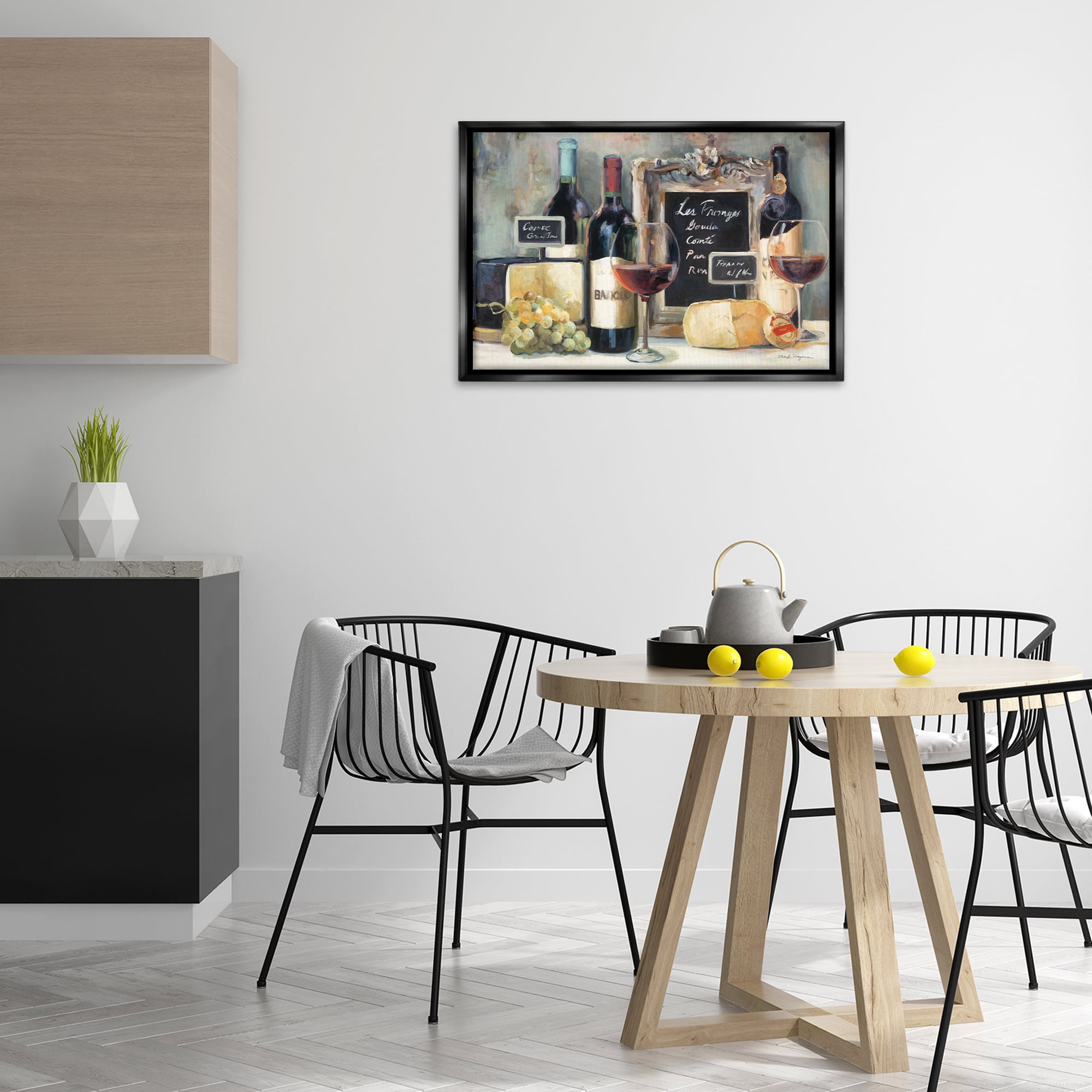 Stupell Industries Parisian Wine & Cheese Food & Beverage Painting Black Floater Framed Canvas Art Print Wall Art, 31 x 21