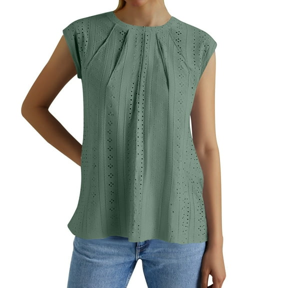 MIXUE Womens Summer Tops Summer Solid Color Round Neck Hollow Out Sleeveless Fashion Casual Loose Pullover Tshirts Streetwear,Green,S