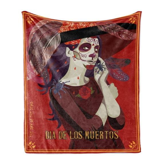 Day of the Dead Soft Flannel Fleece Throw Blanket, Skull Dead Corpse Girl Hat and French Dress, Cozy Plush for Indoor and Outdoor Use, 50" x 70", Maroon Ruby and Burgundy, by Ambesonne