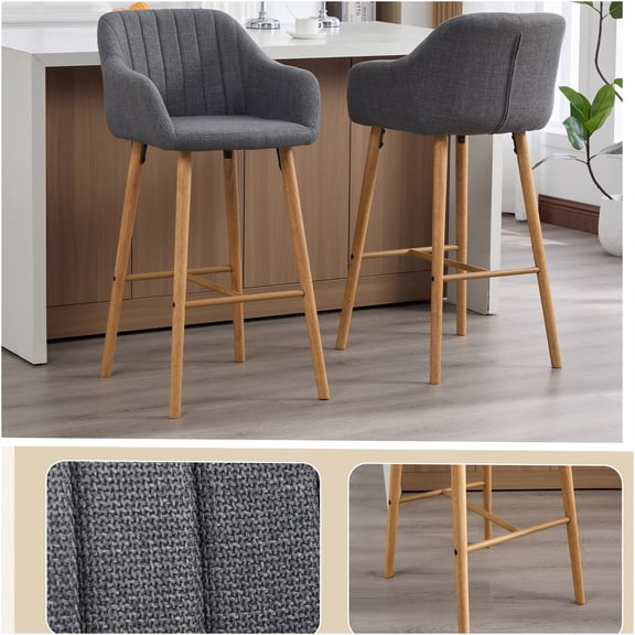 JERFIT Modern Gray Linen Bar Stools Set of 2 with Back, Arms & Footrest for Kitchen Island, Solid Oak Wood Counter Height Chairs