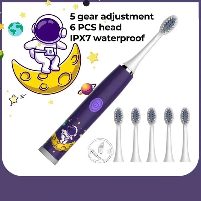 Cepillo de dientes eléctrico para niños, dibujos animados, con cabezal de repuesto, ultrasónico, IPX7, resistente al agua, recargable, sónico