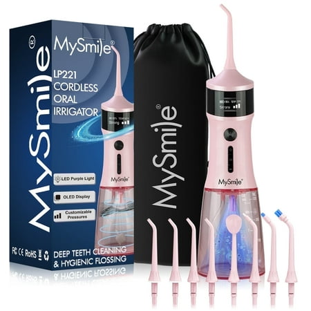 MySmile LP221 OLED Cordless Water Flosser with UVC Sterilizer Light, Portable Oral Irrigator Electric Dental Flosser Picks for Teeth Cleaning, Braces, Gums, 4 Modes, 8 Jet Tips, Travel Bag, Pink