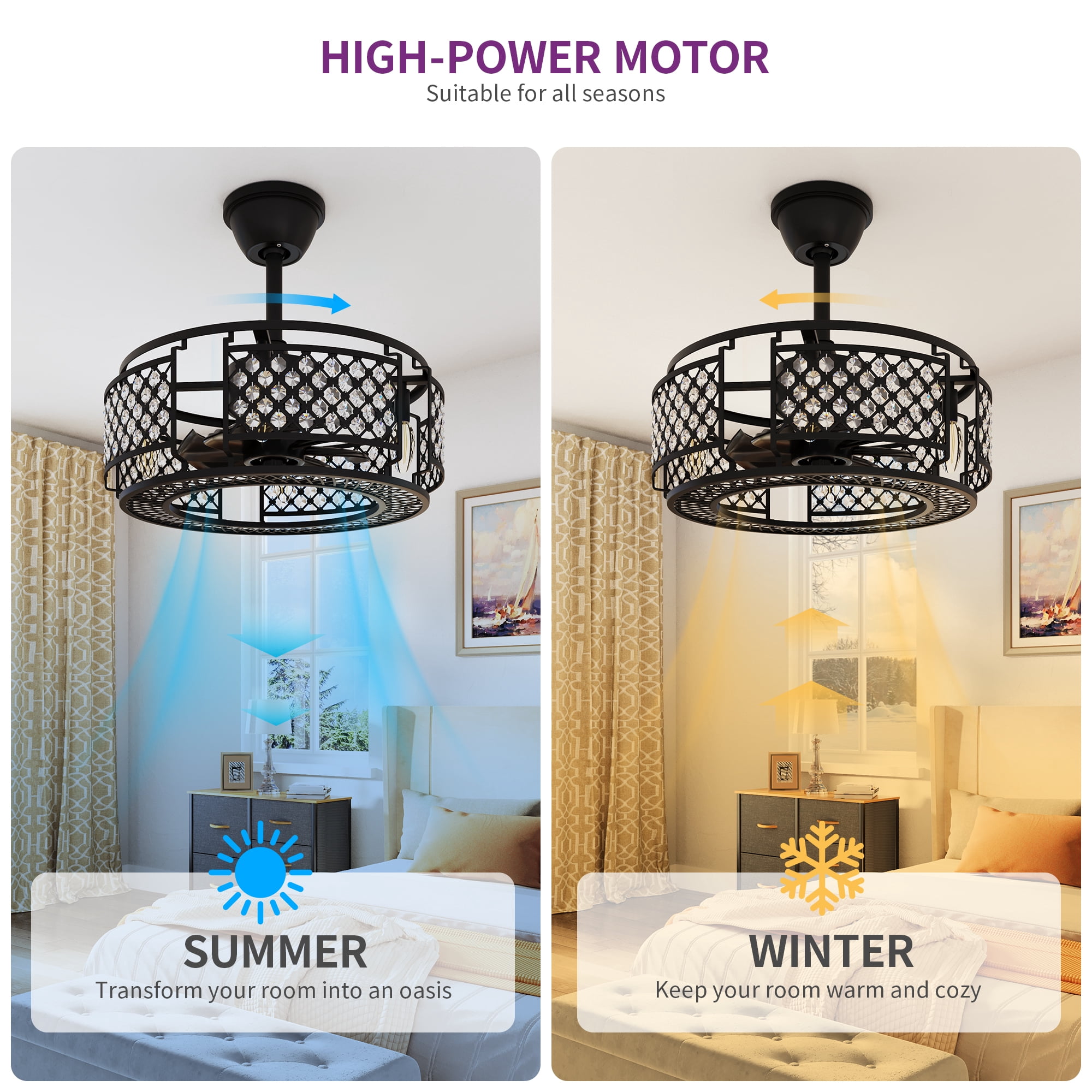 Uforic Industrial Ceiling Fan with Remote, Indoor Crystal Chandelier Fan for Living Room, Black