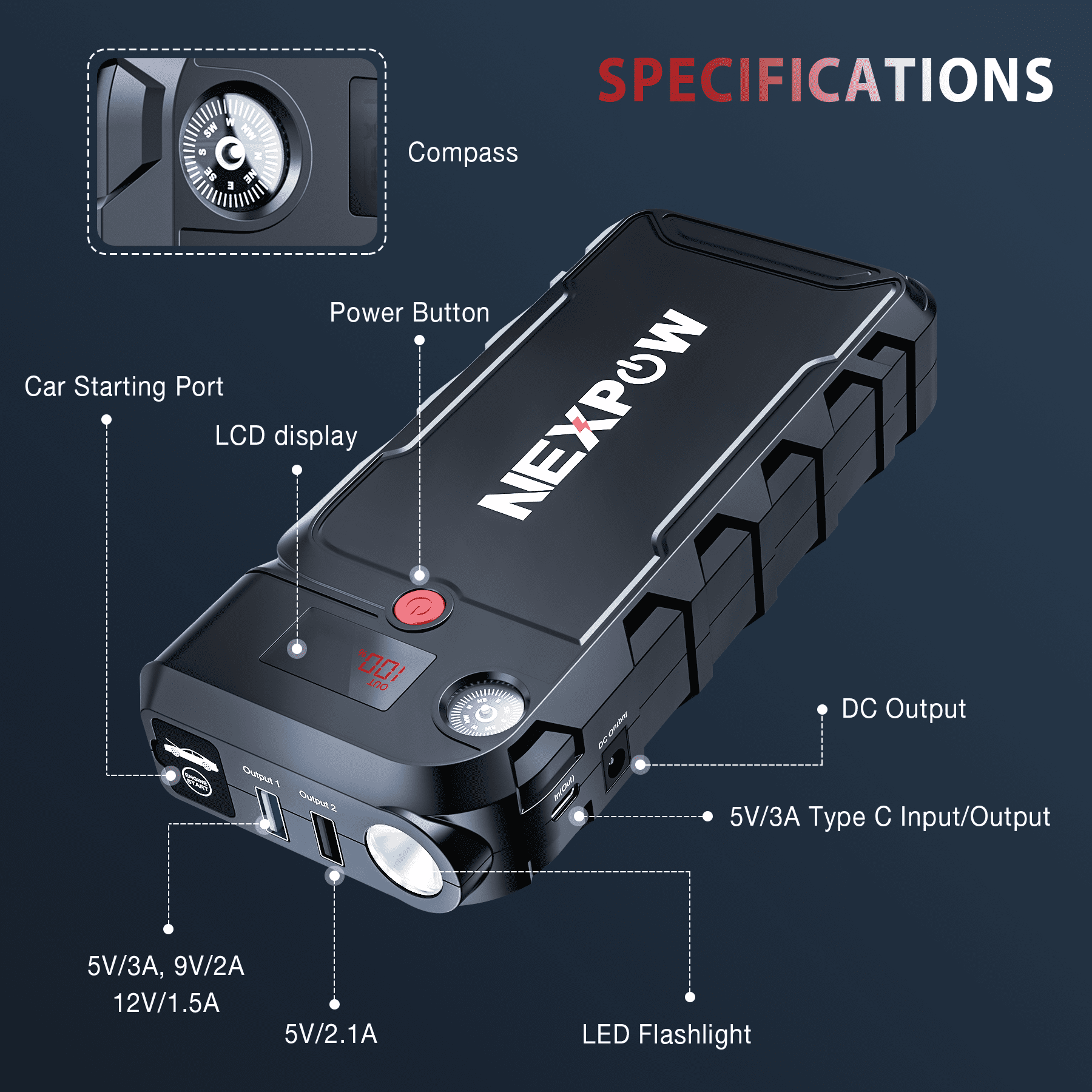 NEXPOW Battery Jump Starter - 3000A Peak 23800mAH Car Jump Starter (up to 9.0L Gas or 8.5L Diesel Engine) - 12V Portable Battery Booster with LCD Display