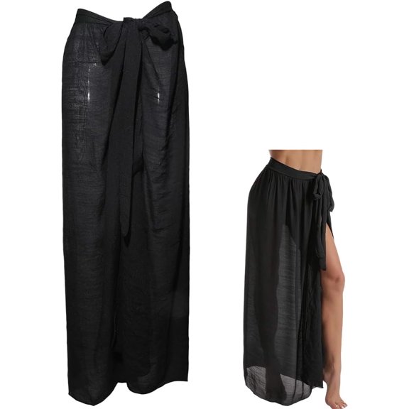Black Mesh Sarong Cover Up Pareo Polyester Long Beach Swimsuit Sheer Scarf Coverup Summer Bikini Sexy Bathing Suit Wrap Dress Bottom Coverups Rectangle Shawls for Women Skirt Accessories