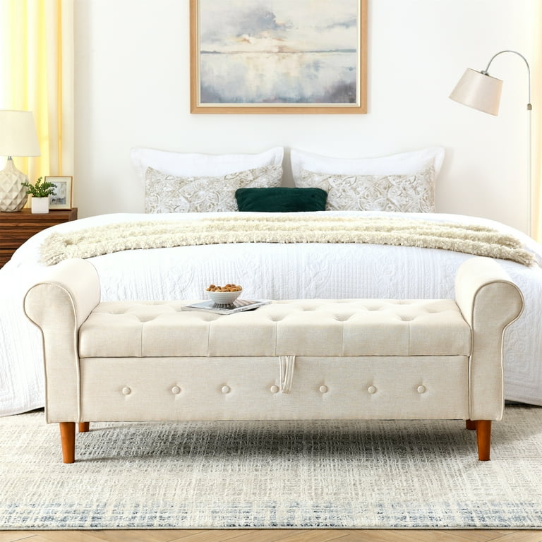 62 Tufted Storage Bench with Rolled Arms Upholstered Ottoman for Bedroom or Foyer Button stitched Fabric Beige