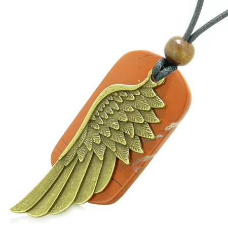 Ocean Jasper Pendant - Amulet Guardian Angel Wing Protection Magical Powers Red Jasper Tag Pendant Adjustable Necklace