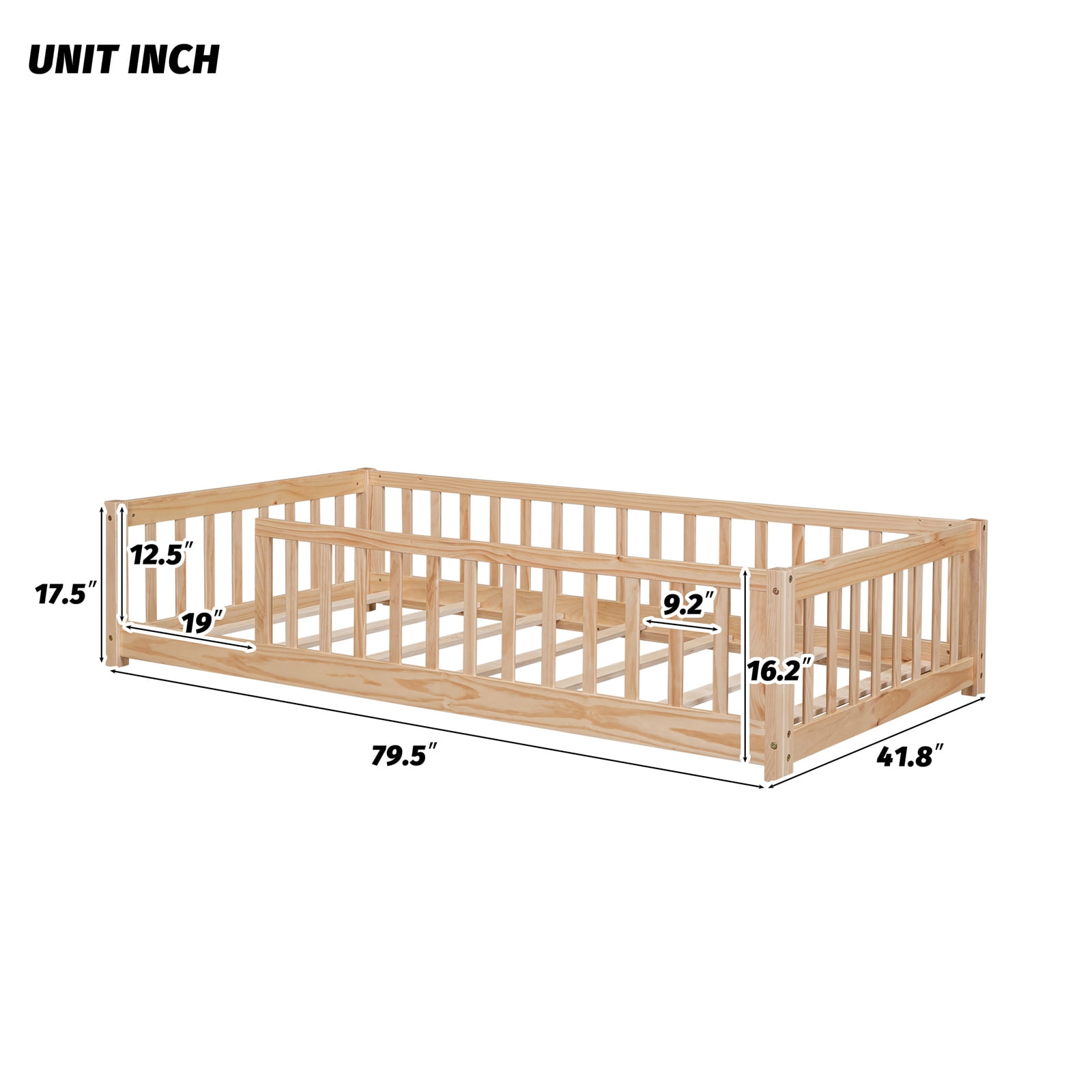 Twin Floor Bed with Fence for Kids, Solid Pine Wood Platform Bed Frame with Guardrails and Slats System, Playhouse Design Montessori Bed for Children Bedroom,Without Door, Natural