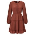 thumbnail image 6 of Liacowi Women's Summer A-Line Dress Solid Color Swiss Dot Long Sleeve Round Neck Tunic Waist Knee Length Dress, 6 of 9