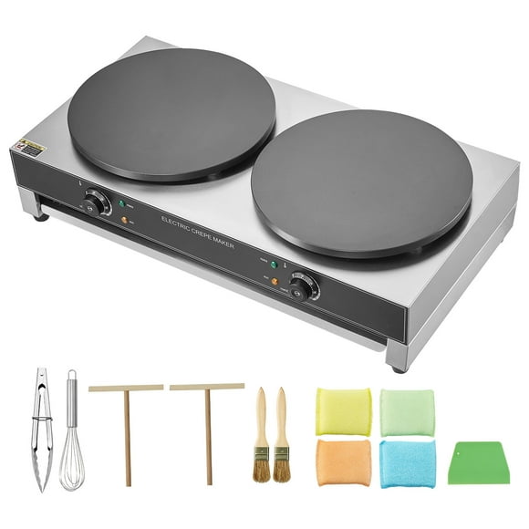 KFFKFF Dual Crepe Station, 16" Electric Model, 3400W Power, Smooth Stainless Surface for Pancakes, Circular Design, Desktop Use, Adjustable Heat