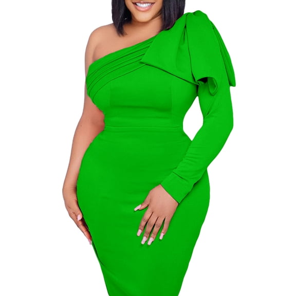 AURA Womens One Shoulder Bodycon Midi Dress Long Sleeve Ruched High Waist Elegant Party Dress Plus Size