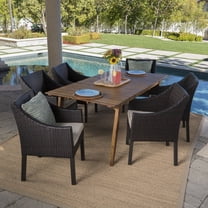 Visalia Outdoor 7 Piece Acacia Wood Rectangular Dining Set with Cushions, Teak