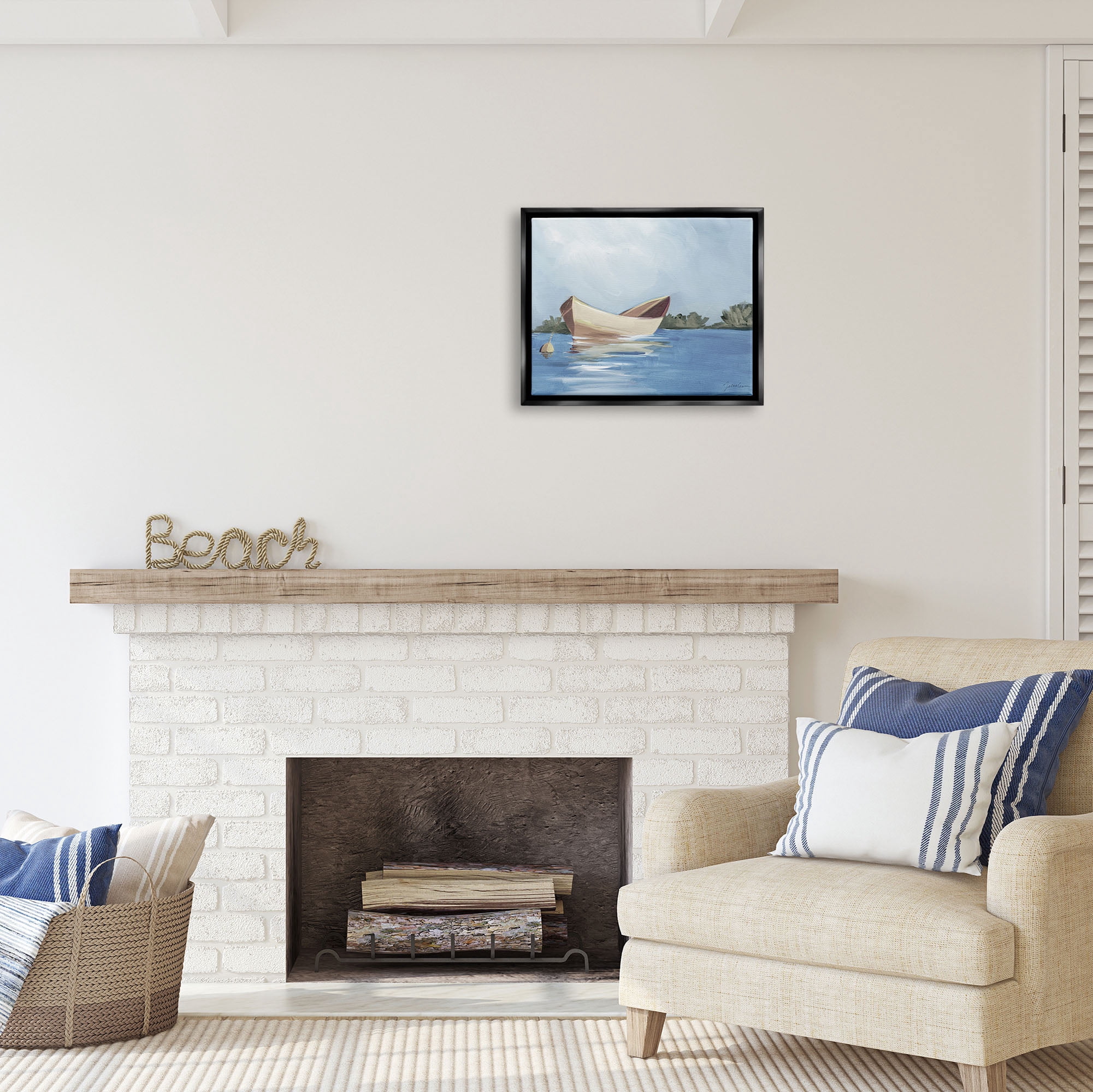Stupell Industries Boat Floating on Lake Transportation Painting Black Floater Framed Art Print Wall Art, 21 x 17