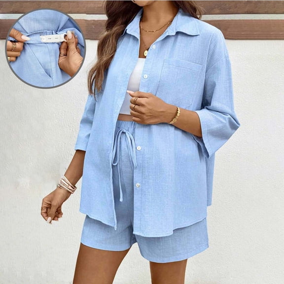 Delliss Women's Maternity Two Piece Drawstring Button Down Elbow Length Shirt Matching Shorts Sets Tracksuit Loungewear