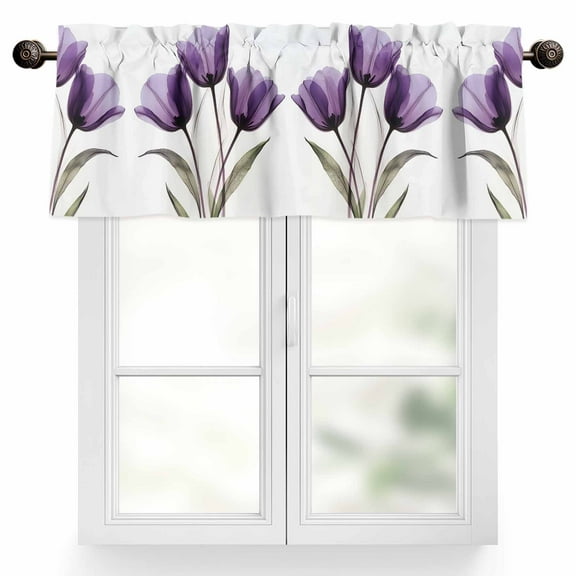 Transparent Effect Floral Valances for Windows, 54 x 18in, Delicate Purple Tulip Rod Pocket Kitchen Valance Curtain Light Filtering Window Treatments for Living Room Bedroom, 1 Panel