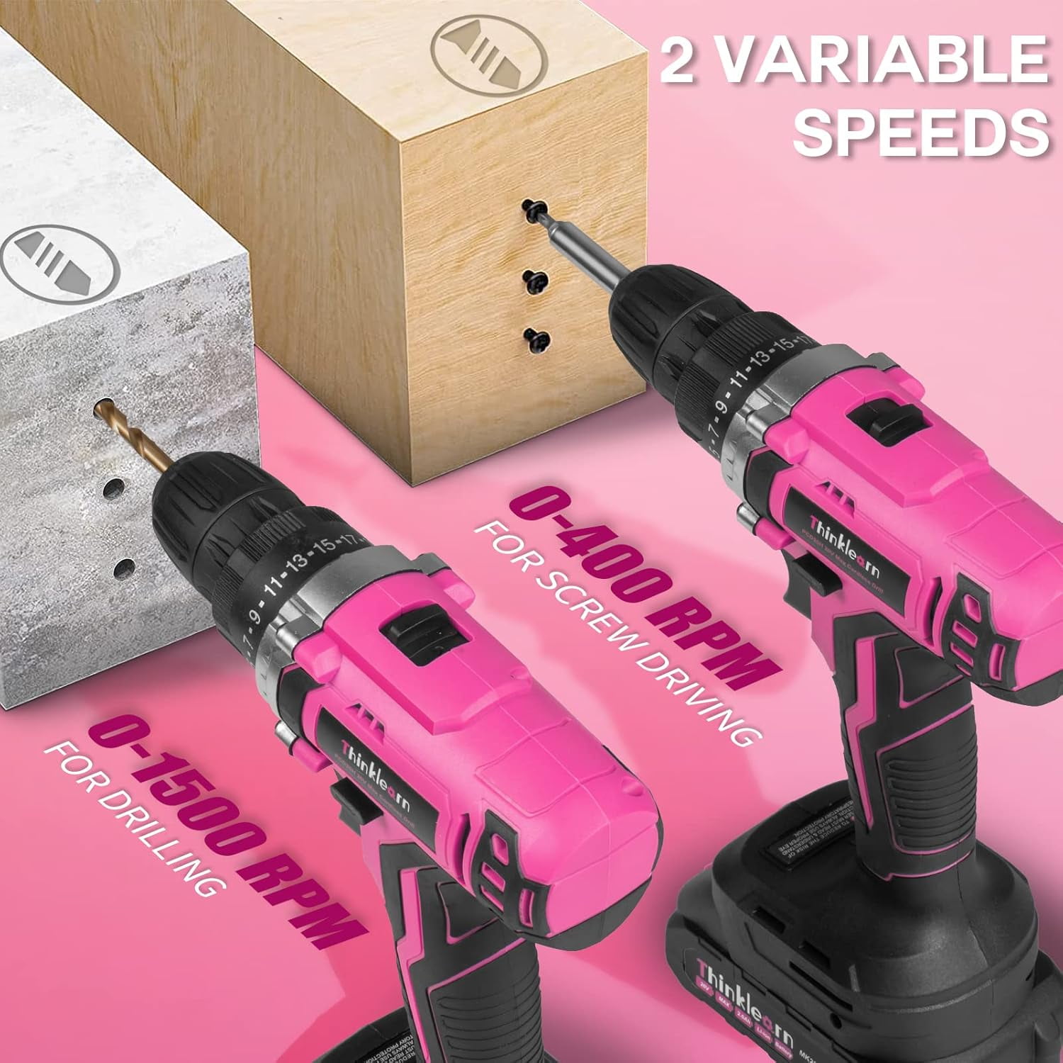 ThinkLearn Pink Cordless Drill Set, 20V Lithium-ion Power Drill Set for Women with 67Pcs Drill Driver Bits, 3/8"Keyless Chuck, 25+1 Position Electric Drill, 2.0Ah Battery, Fast Charger and Storage Bag