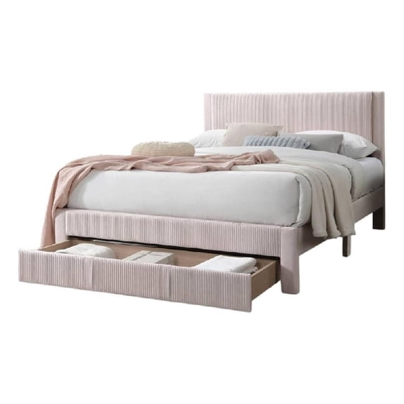 Benjara Peo Queen Size Bed w Storage Drawer- Light Pink Corduroy Upholstery