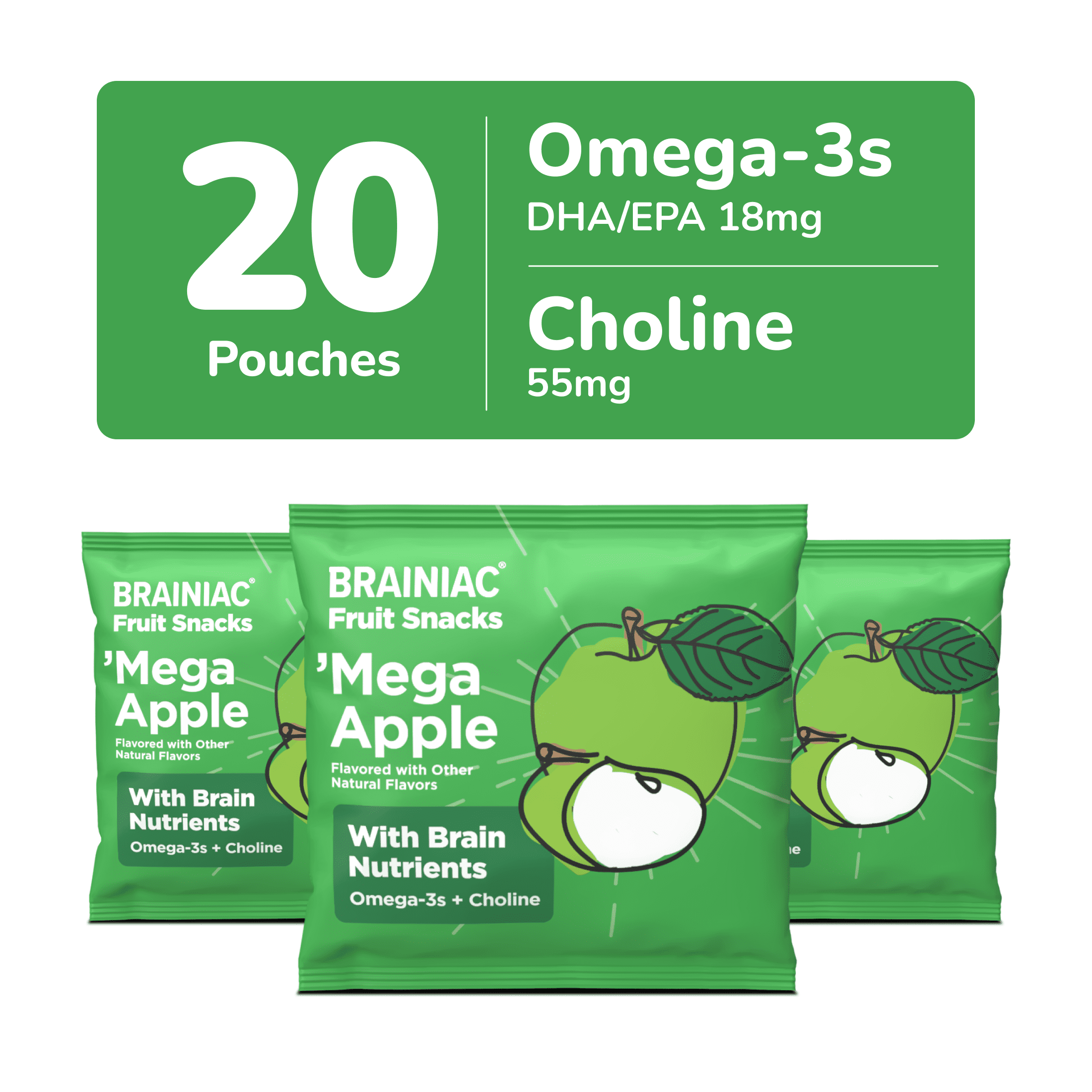 (3 pack) Brainiac Fruit Snacks with BrainPack, Sour Apple Flavor, 20 Count