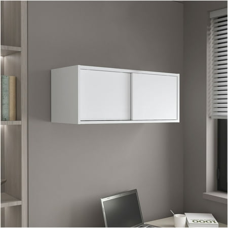 JERFIT White Sliding Door Wall Cabinet with Shelf Compact Storage for Kitchen Bathroom Engineered Wood