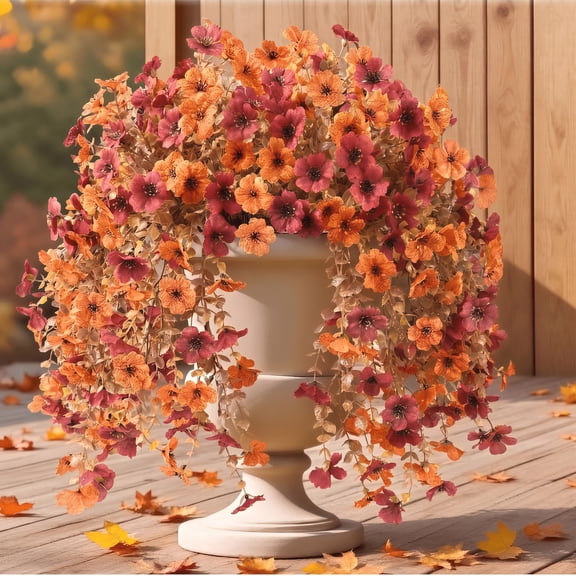 Scidweet Artificial Fall Flowers Outdoors, 2 Pcs Faux Autumn Hanging Fake Fall Flowers Faux Silk Fall Decoration for Home Garden Porch, Orange Brown