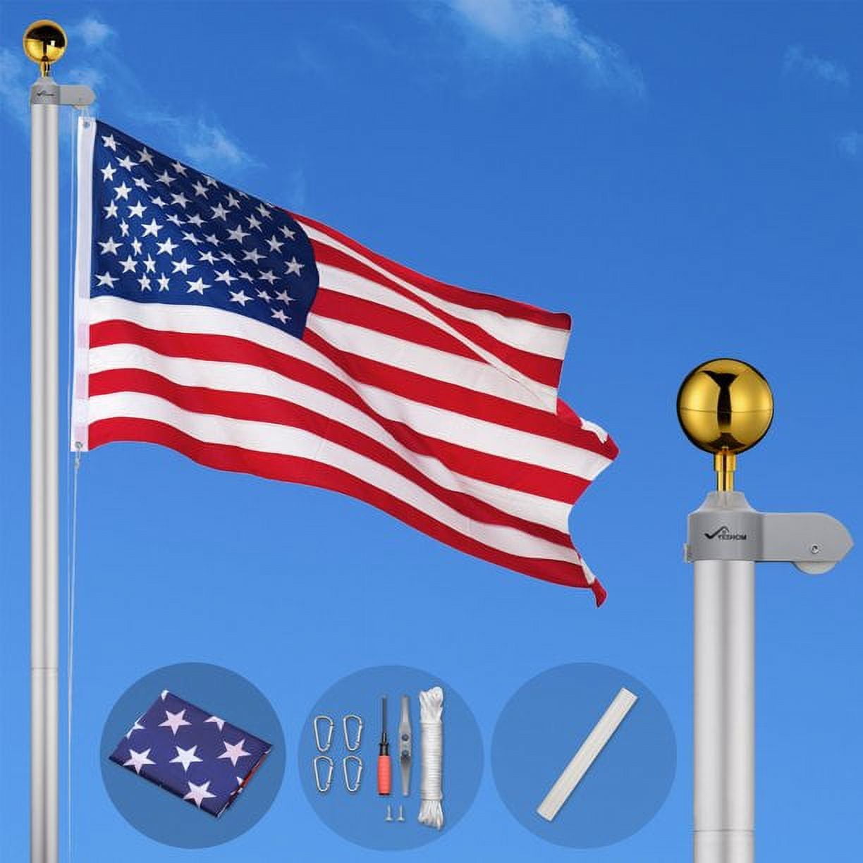 SALE CLEARANCE 25FT Black Flag Pole Kit with 3'x5' American Flag (2 pcs) Heavy Duty Aluminum Outdoor In ground Telescoping Flagpole for Outside Yard Residential Commercial