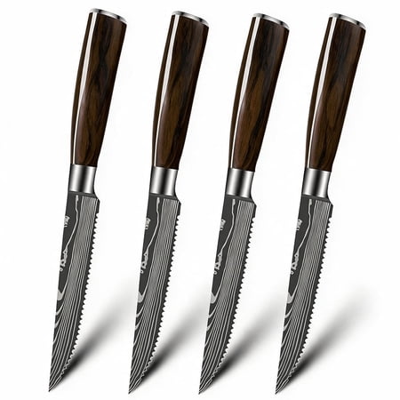 Akatsuki Steak Knives Set of 4 Sharp 4.5 In Serrated Steak Knife Set Damascus Laser Stainless Steel Kitchen Steak Knives with Ergonomic Wood Handle
