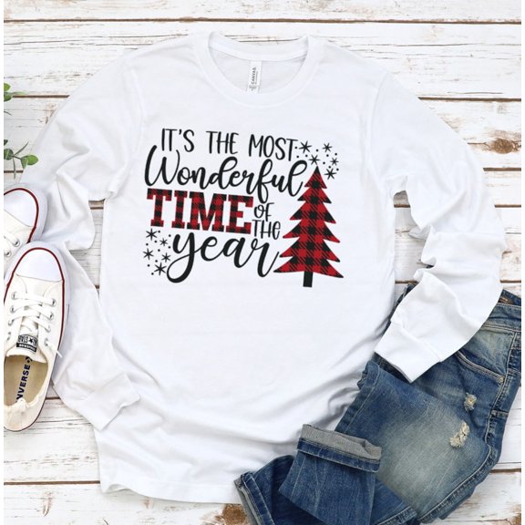 It's The Most Wonderful Time Of The Year Buffalo Plaid Winter Tree Grey Long Sleeve Shirt Tshirt All Size S-5XL