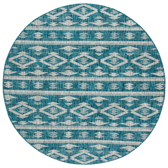 SAFAVIEH Courtyard April Geometric Indoor/Outdoor Area Rug, Teal/Grey, 6'7" x 6'7" Round