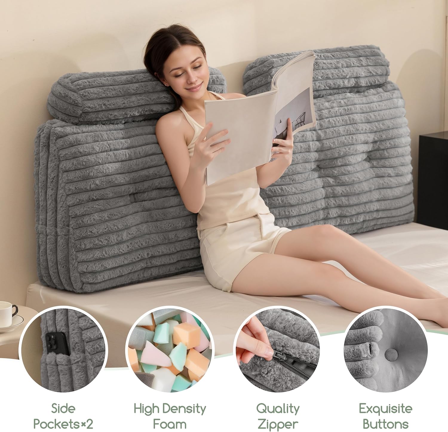 Triangular Headboard Wedge Pillow with 2 Cylindrical Pillows and Memory Foam Filling, Daybed Pillows for Sitting up, Reading or Working with Removable Cover,Queen 59.1"x19.7"